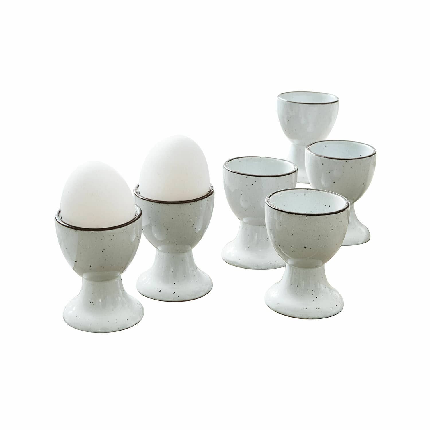 Lot de 6 coquetiers Biarré Ensemble de six coquetiers en céramique blanche avec des taches noires et un bord fin noir