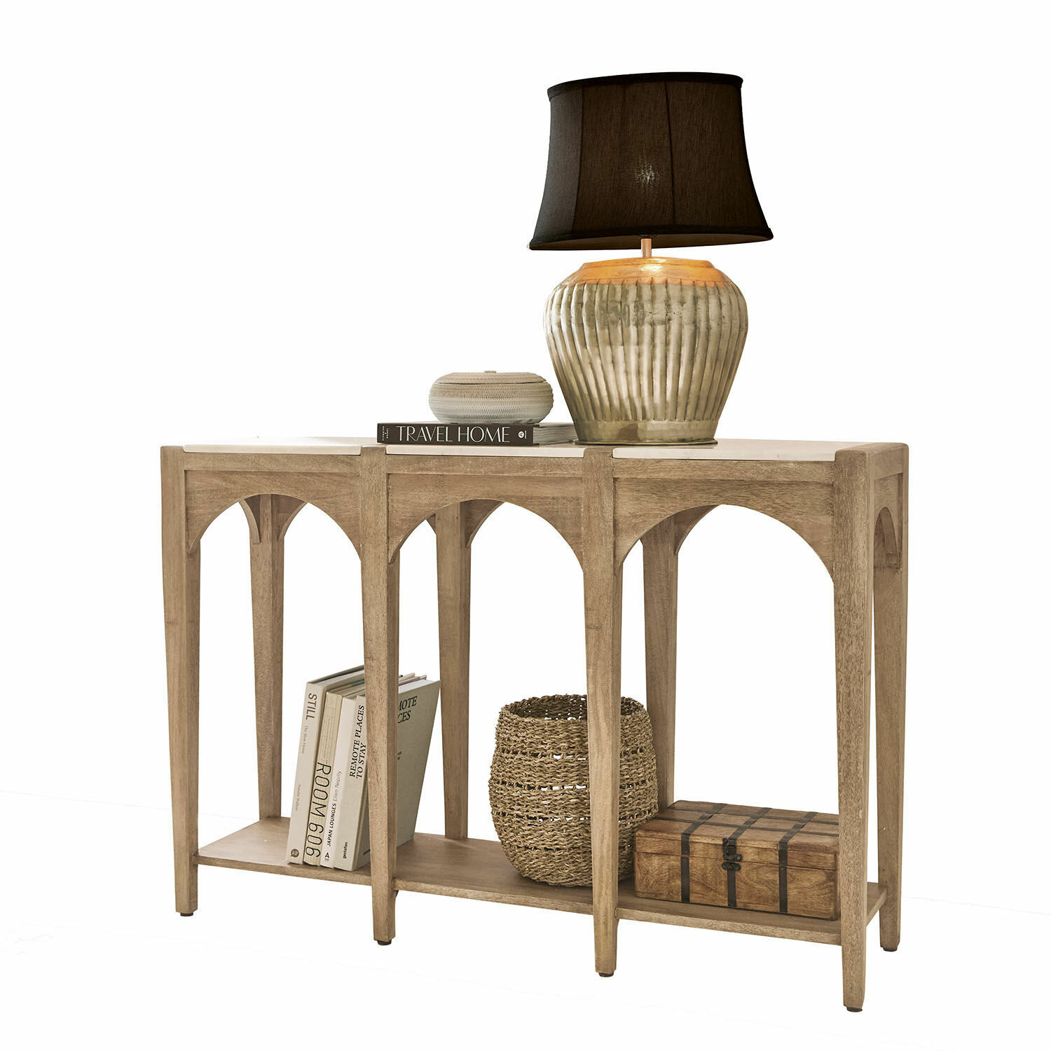 Console Annabelle Console en bois de manguier naturel avec lampe et décorations, meuble élégant pour salon