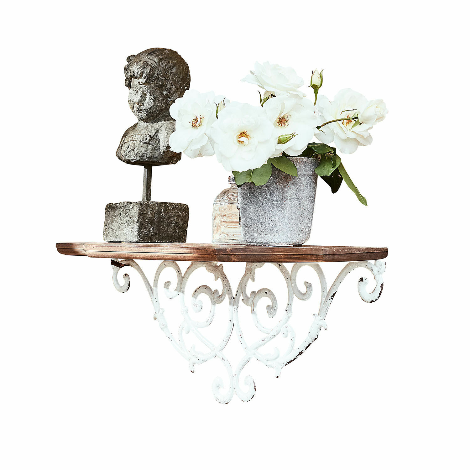 Étagère murale Rubén Étagère murale rustique en bois et métal blanc avec sculpture décorative et pot de fleurs blanches