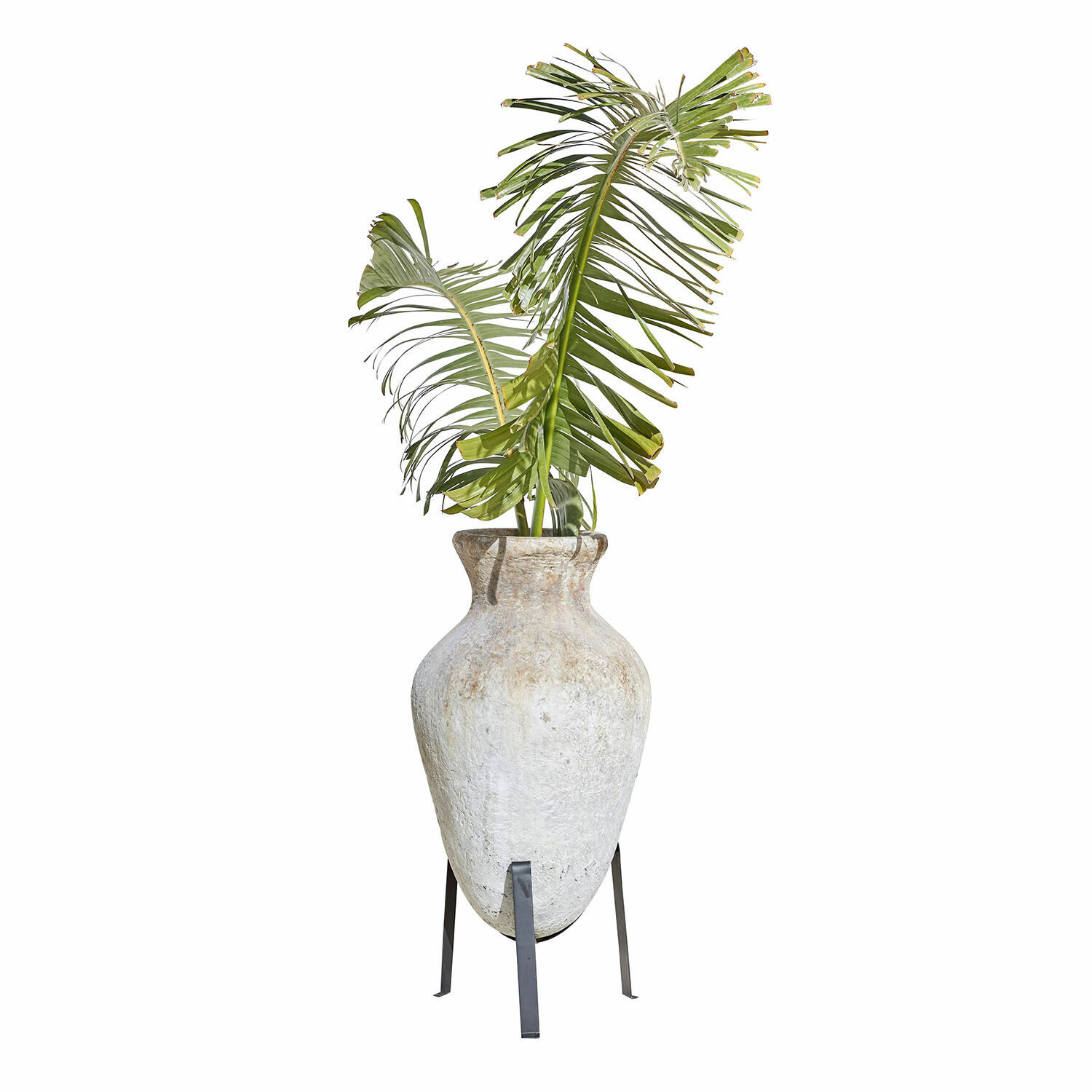 Cache-pot Tearce Grand vase en céramique blanche sur support métallique avec feuilles vertes décoratives