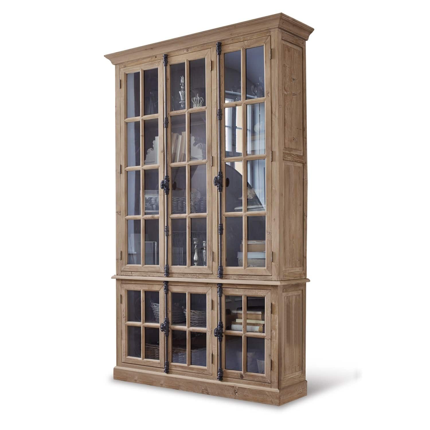 Vitrine Mamirolle Grande vitrine en bois naturel avec portes vitrées et charnières métalliques noires pour rangement