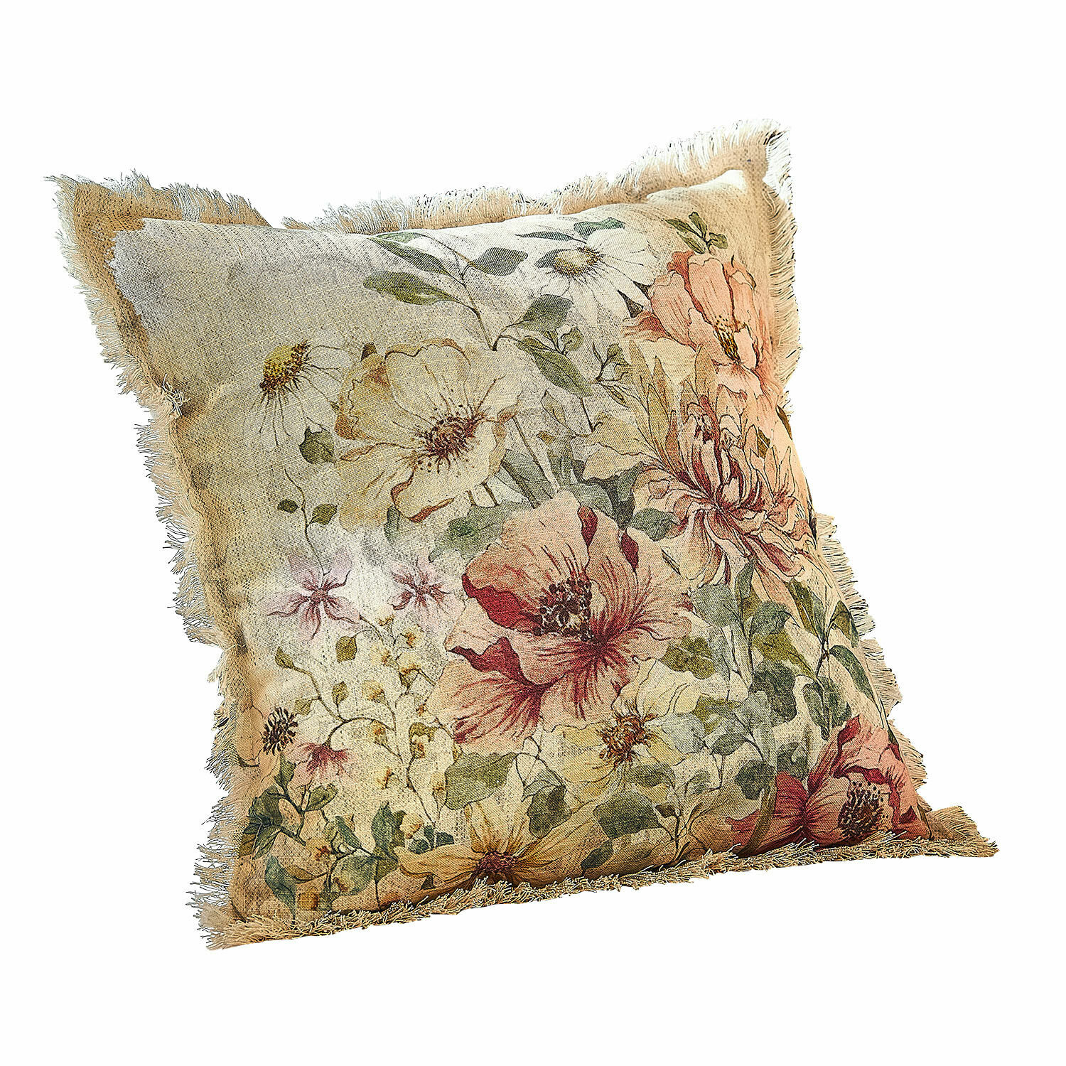 Housse de coussin Théranelle Coussin décoratif avec motif floral pastel et franges sur les bords pour un style vintage