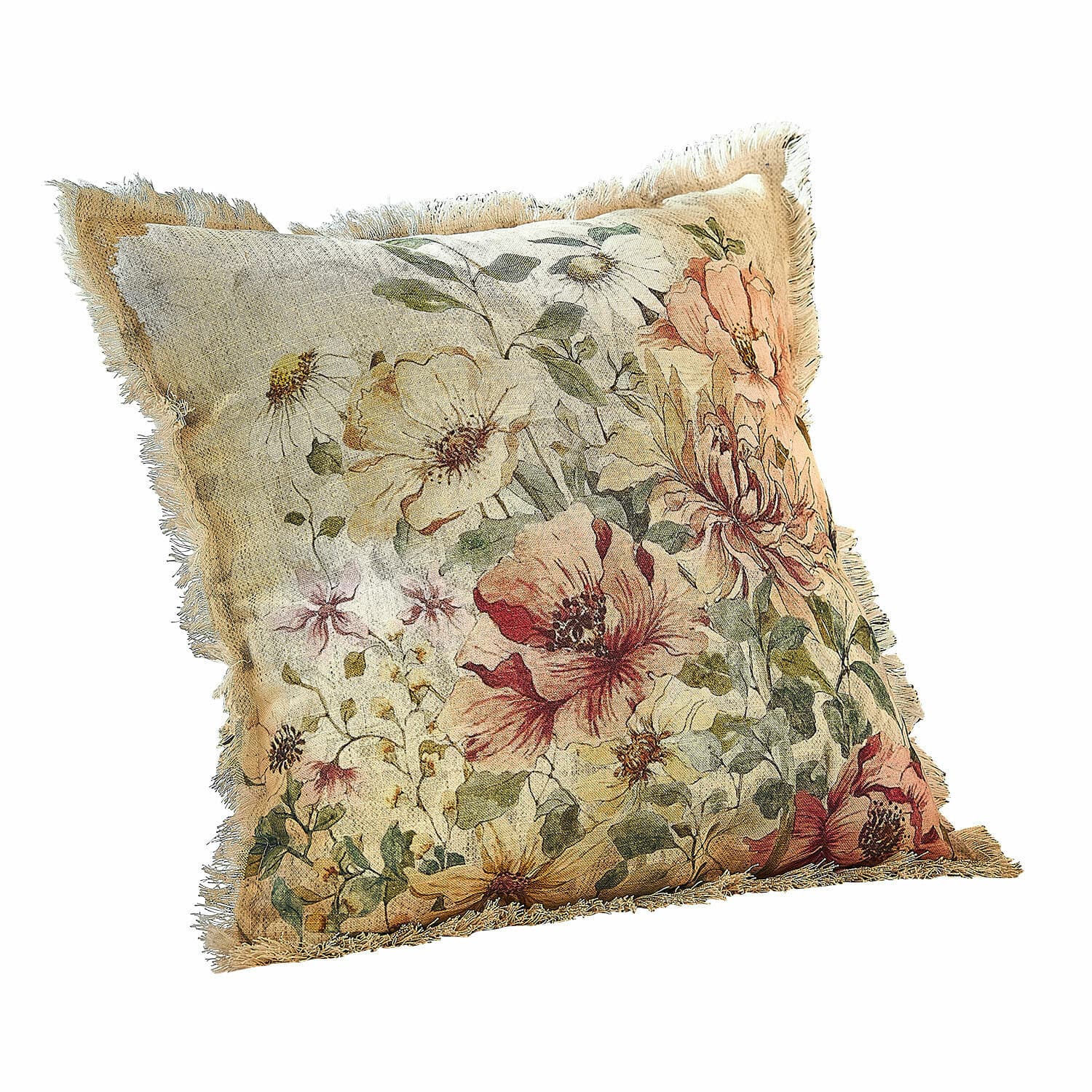 Housse de coussin Théranelle Coussin décoratif avec motif floral pastel et franges sur les bords pour un style vintage