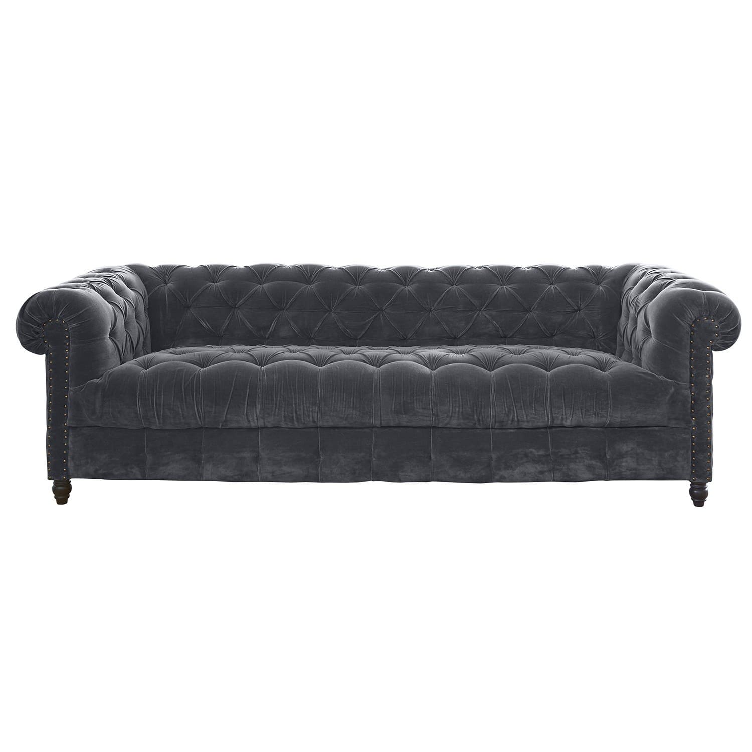 Canapé Parpeville Canapé Chesterfield gris en velours avec dossier capitonné et pieds en bois, meuble élégant pour salon
