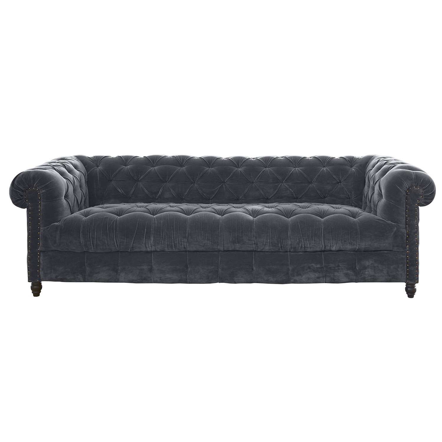 Canapé Parpeville Canapé Chesterfield gris en velours avec dossier capitonné et pieds en bois, meuble élégant pour salon