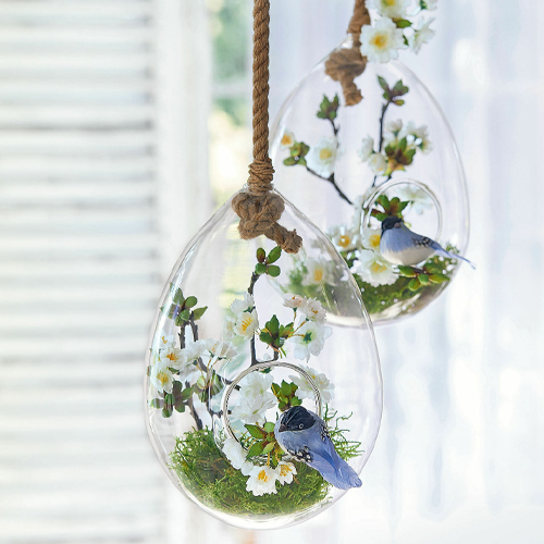 Décoration suspendue en verre avec fleurs blanches et oiseau bleu, ornement d'intérieur élégant