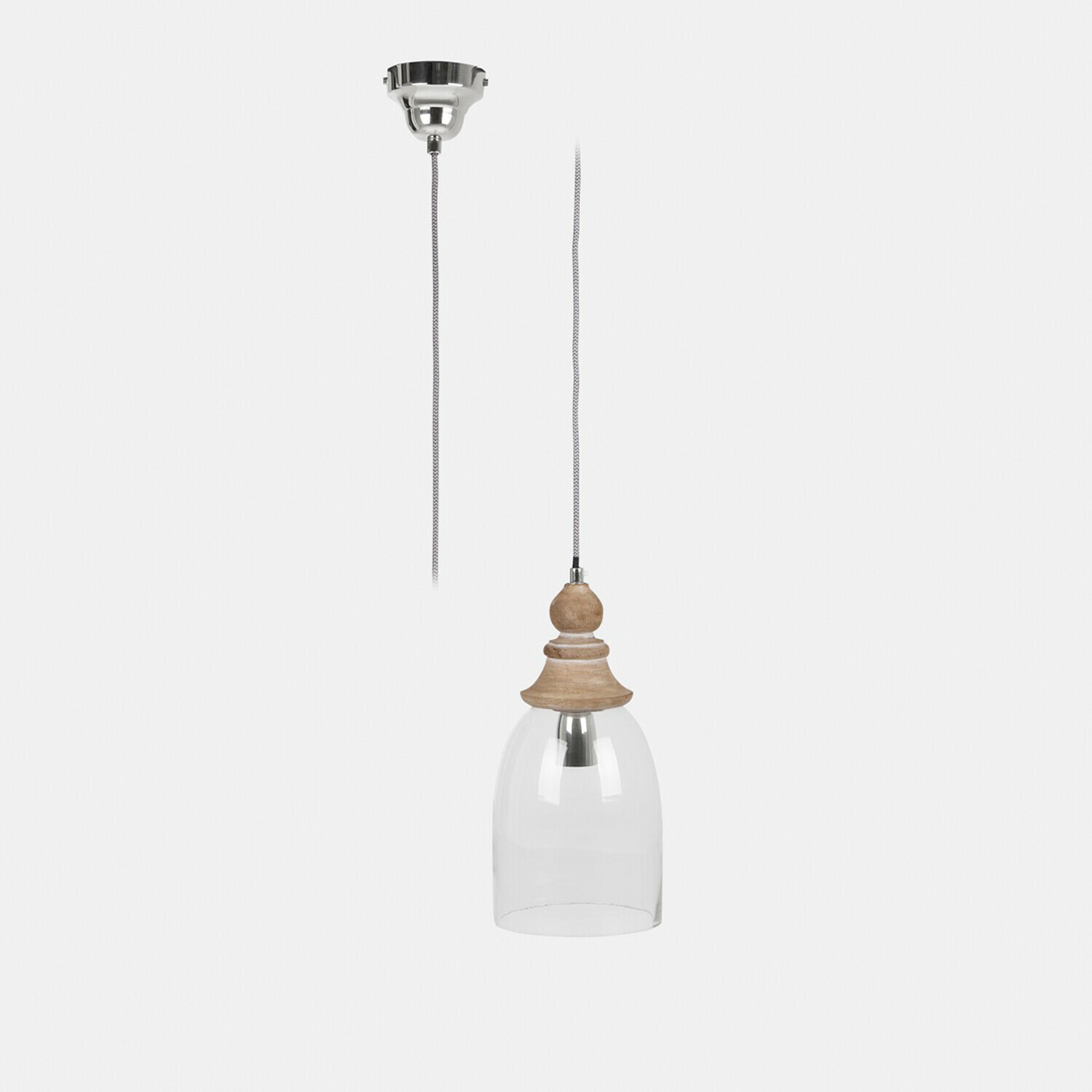 Suspension Raina Suspension avec abat-jour en verre transparent et partie supérieure en bois naturel, éclairage intérieur élégant