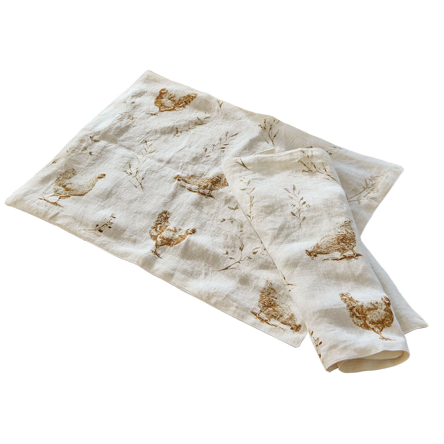 Lot de 2 sets de table Chavéreau Chemin de table en lin écru avec motifs de poules brunes, décoration rustique pour la table