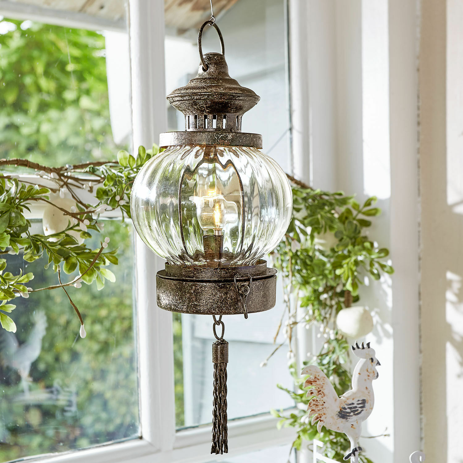 Lanterne à suspendre Timone Lanterne suspendue en métal avec abat-jour en verre transparent, décoration intérieure et extérieure