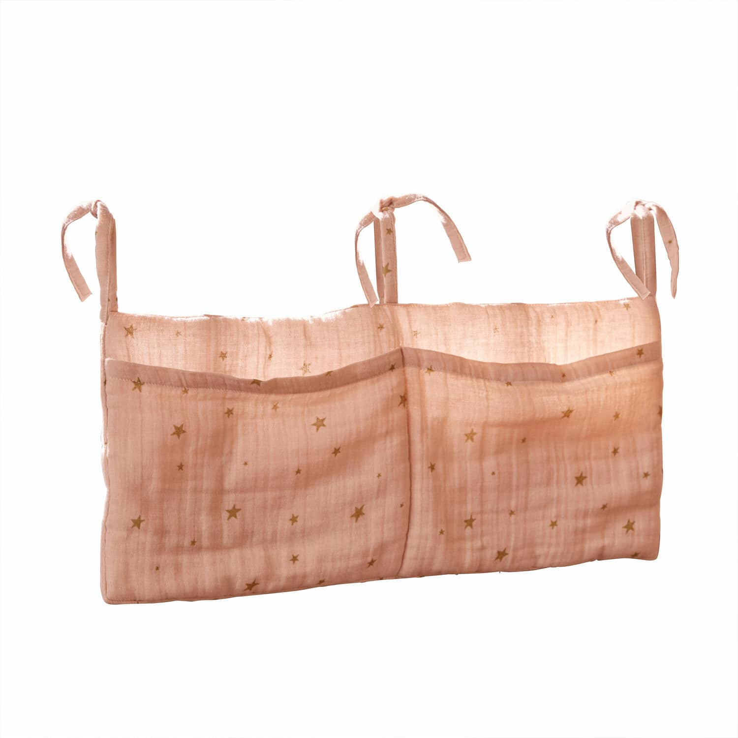 Pochette de rangement Vianne Organisateur rose en coton avec poches et étoiles dorées à suspendre dans une chambre d'enfant