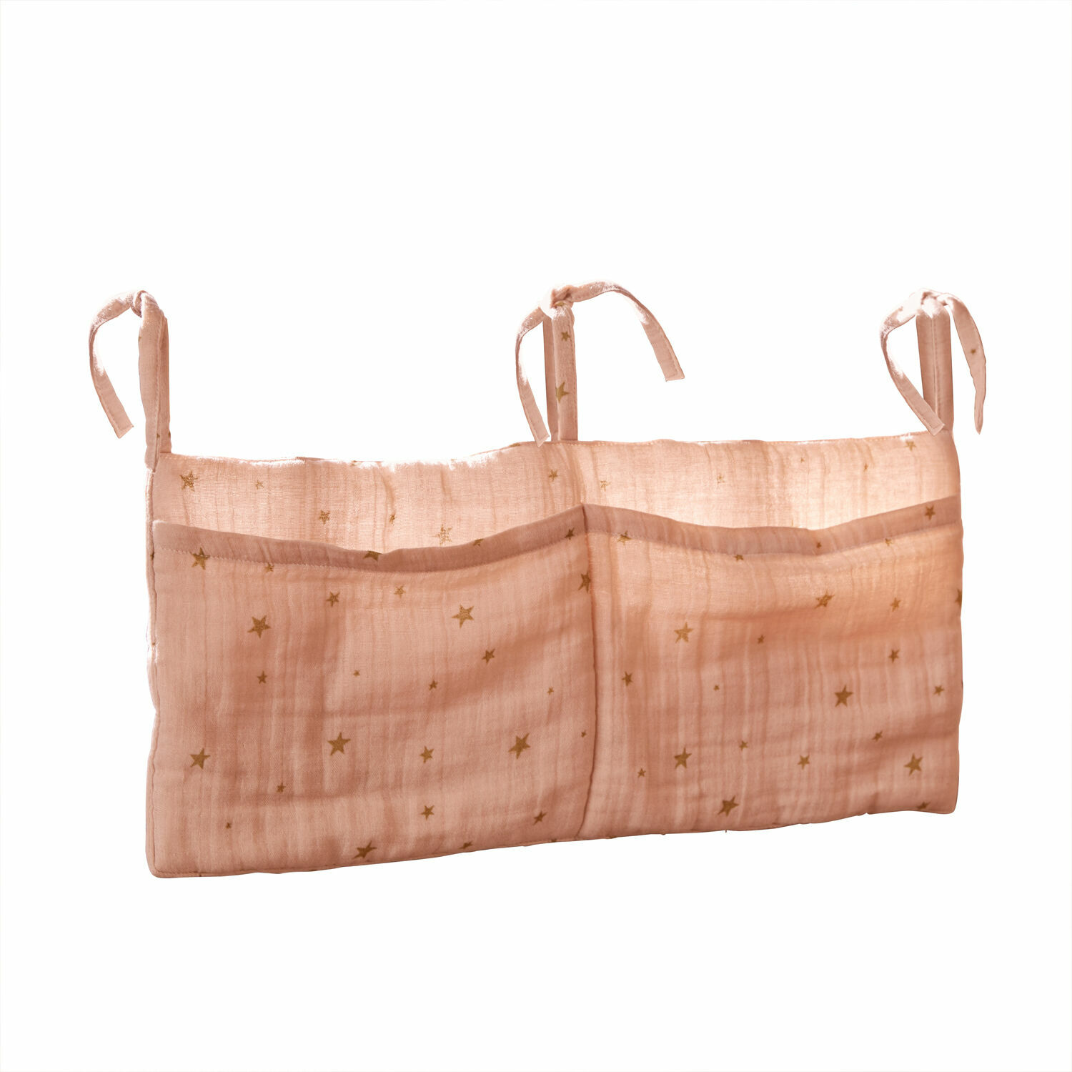 Pochette de rangement Vianne Organisateur rose en coton avec poches et étoiles dorées à suspendre dans une chambre d'enfant