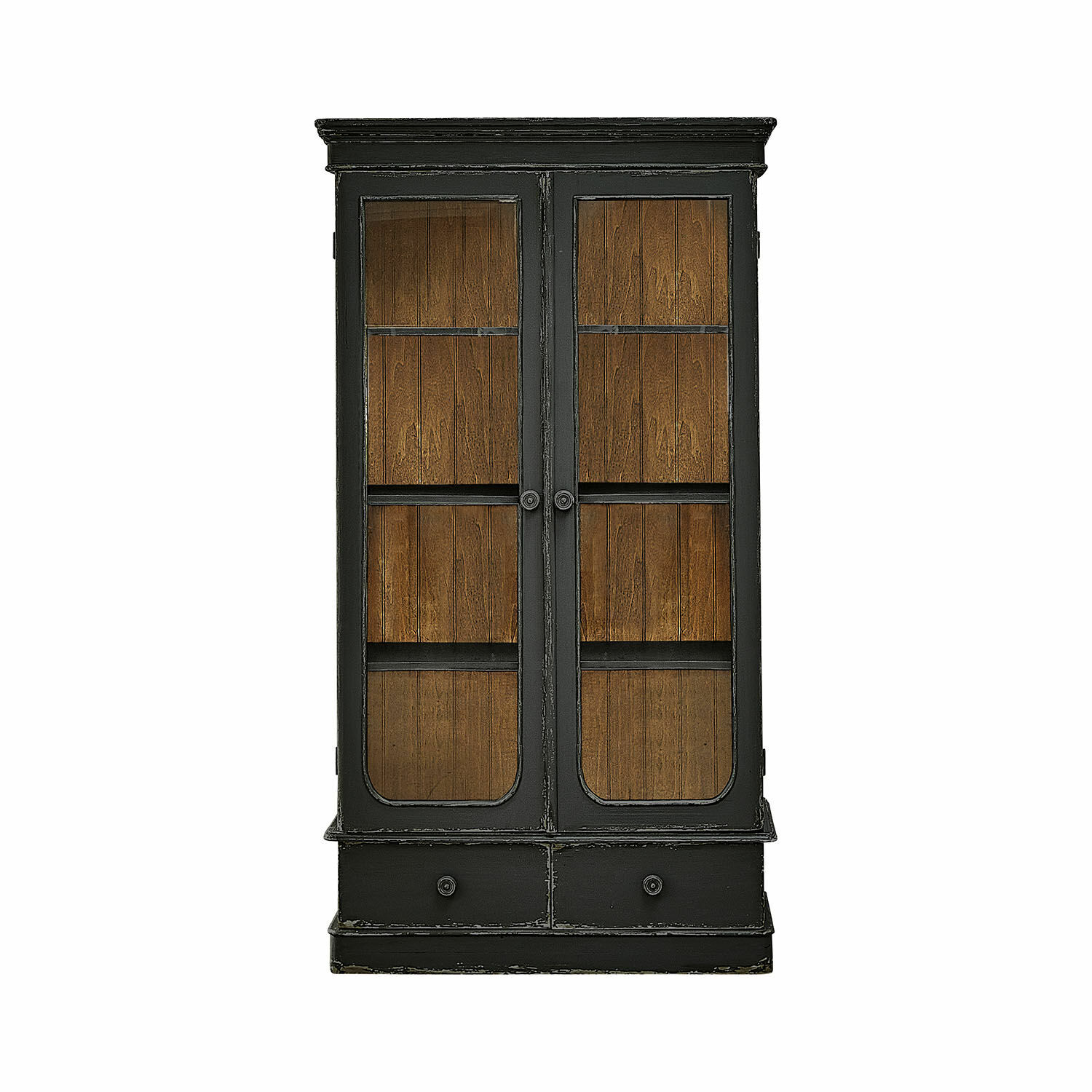 Armoire Cassanet noire en bois avec portes vitrées et tiroirs, style vintage pour salon