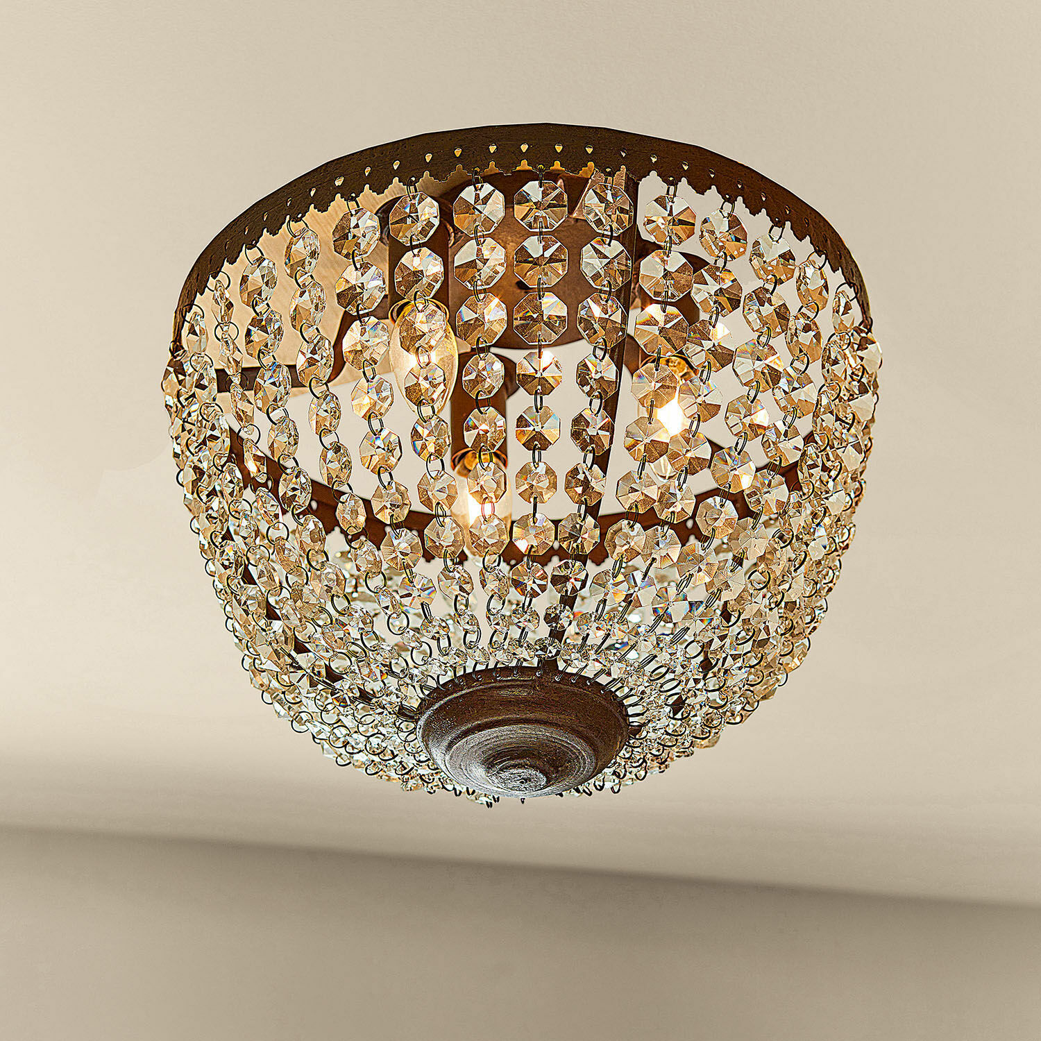 Plafonnier Tarim Plafonnier avec pampilles en cristal et cadre métallique rouillé, lampe décorative LED élégante