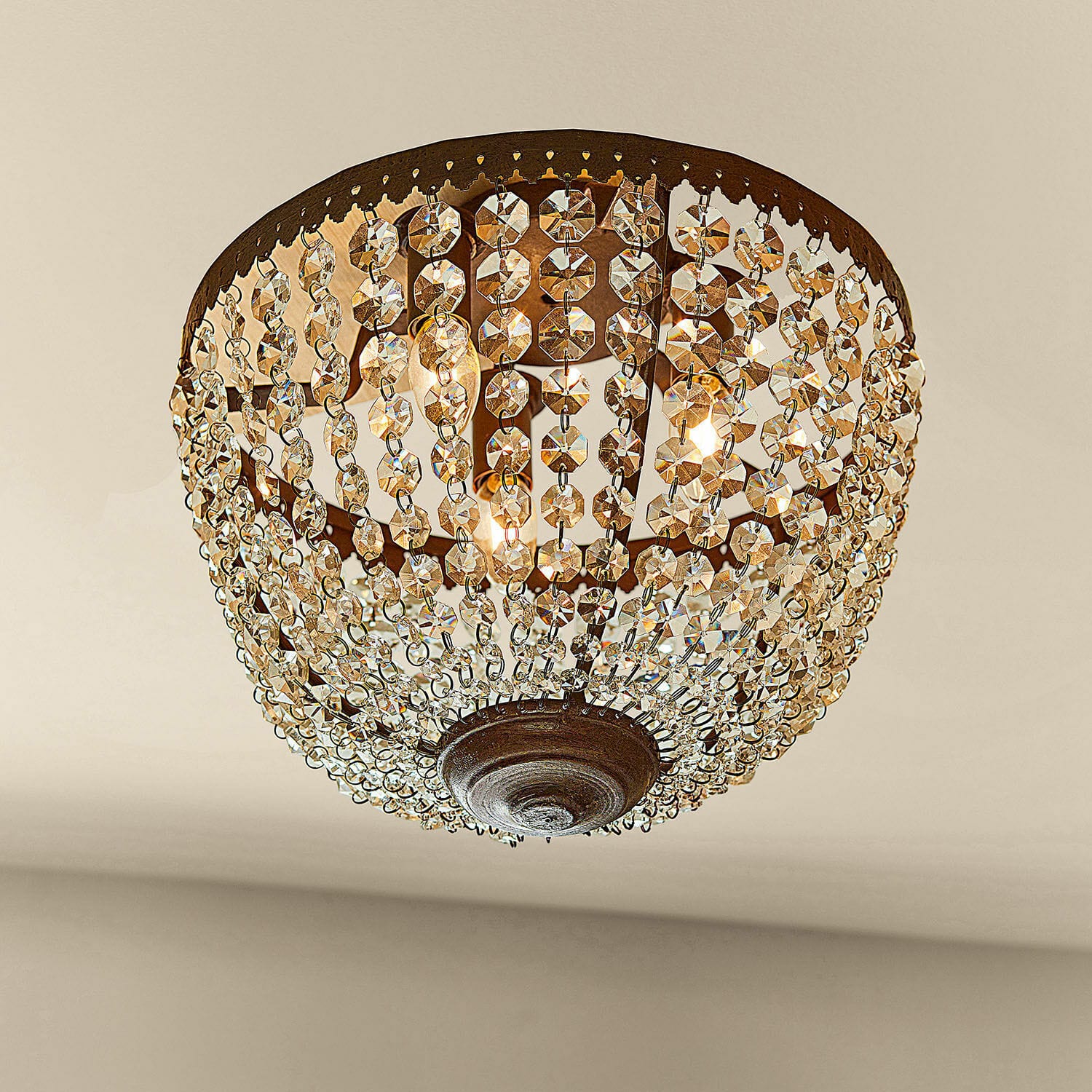 Plafonnier Tarim Plafonnier avec pampilles en cristal et cadre métallique rouillé, lampe décorative LED élégante