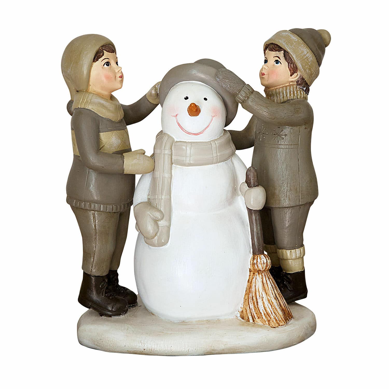 Figurine décorative Elvirette Figurine en résine de deux enfants habillant un bonhomme de neige en beige et marron pour décoration hivernale