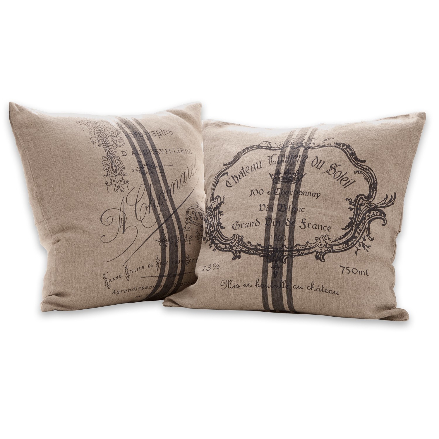 Lot de 2 housses de coussins Jourdain Coussins décoratifs en lin beige avec imprimé noir vintage et rayures, style rustique