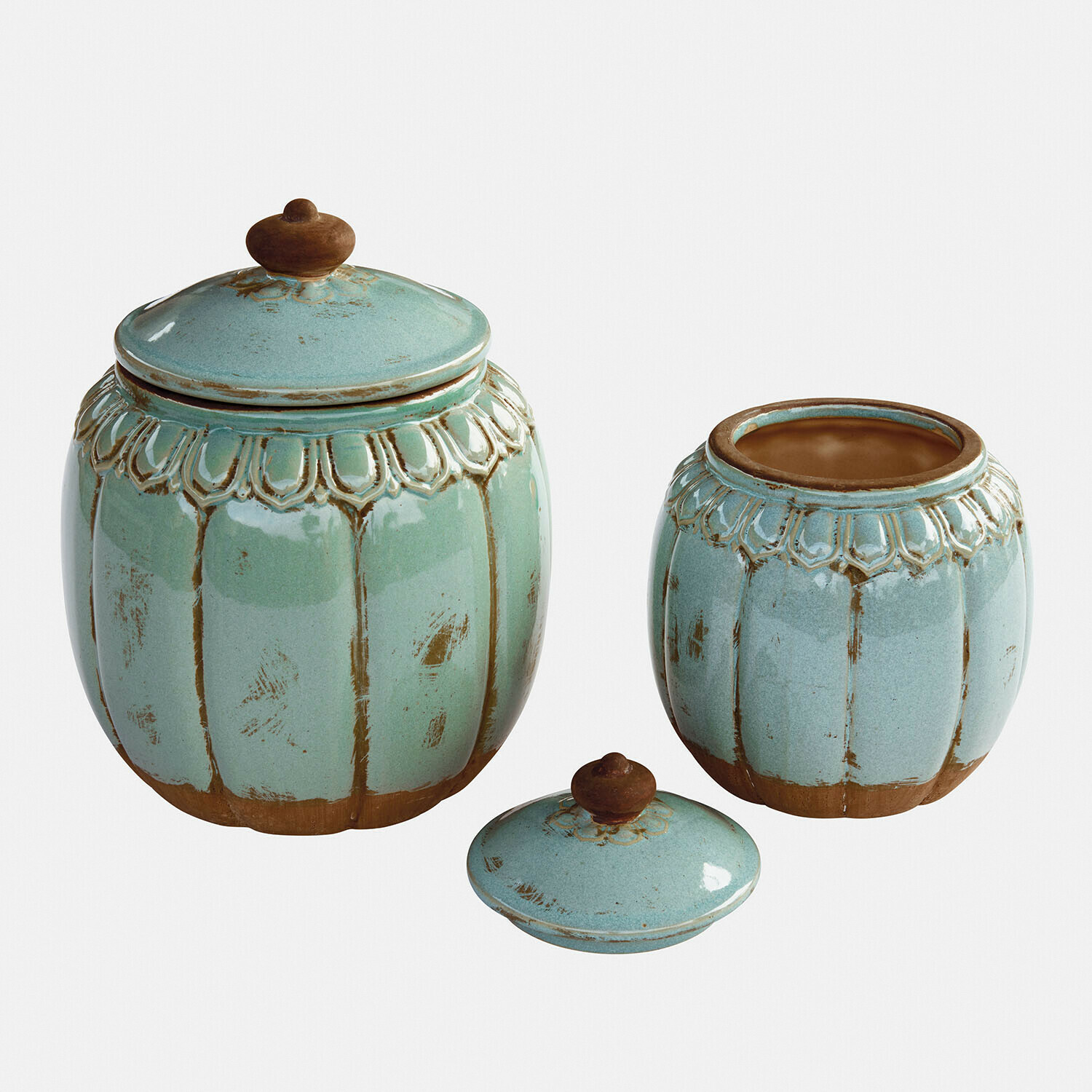 Lot de 2 pots Valerosas Ensemble de deux pots en céramique turquoise avec décorations marron et couvercles assortis
