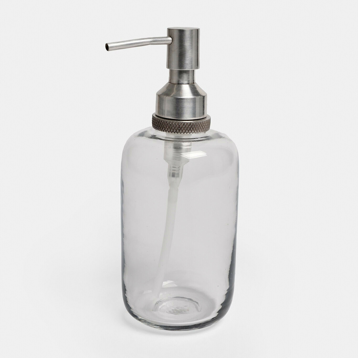 Distributeur de savon Linsted Distributeur transparent en verre avec pompe métallique argentée pour savon ou liquide