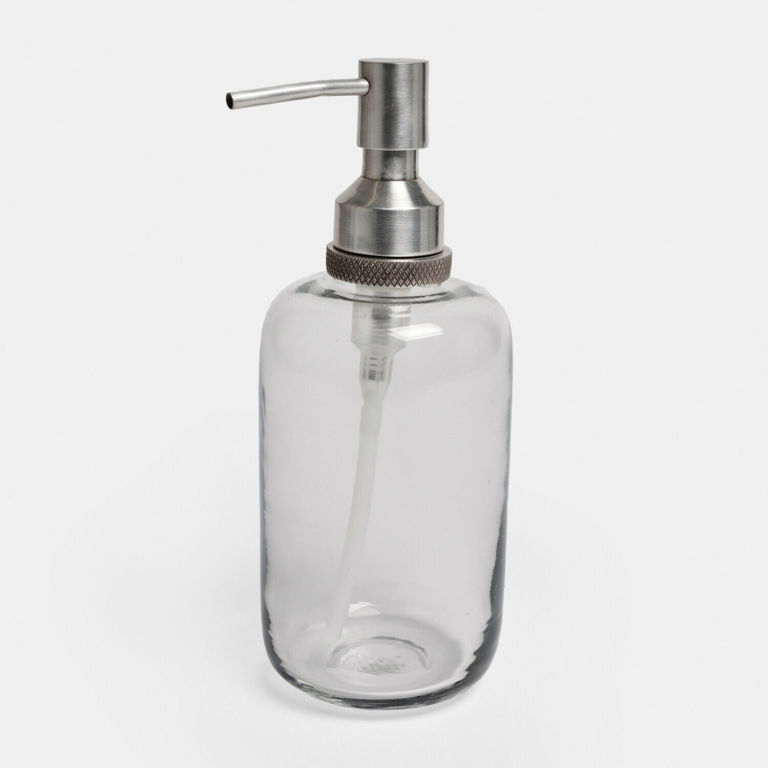 Distributeur de savon Linsted Distributeur transparent en verre avec pompe métallique argentée pour savon ou liquide