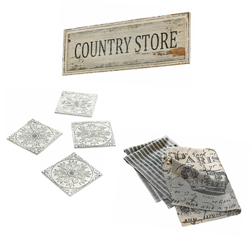 Panneau en bois Country Store avec dessous de verre gris et torchons en lin pour cuisine