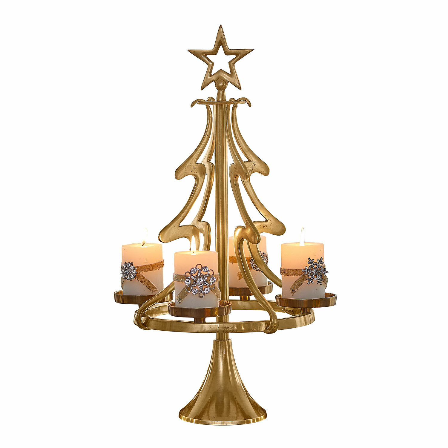 Bougeoir de l'Avent Gaetana Bougeoir doré en forme de sapin avec quatre bougies blanches décorées pour Noël