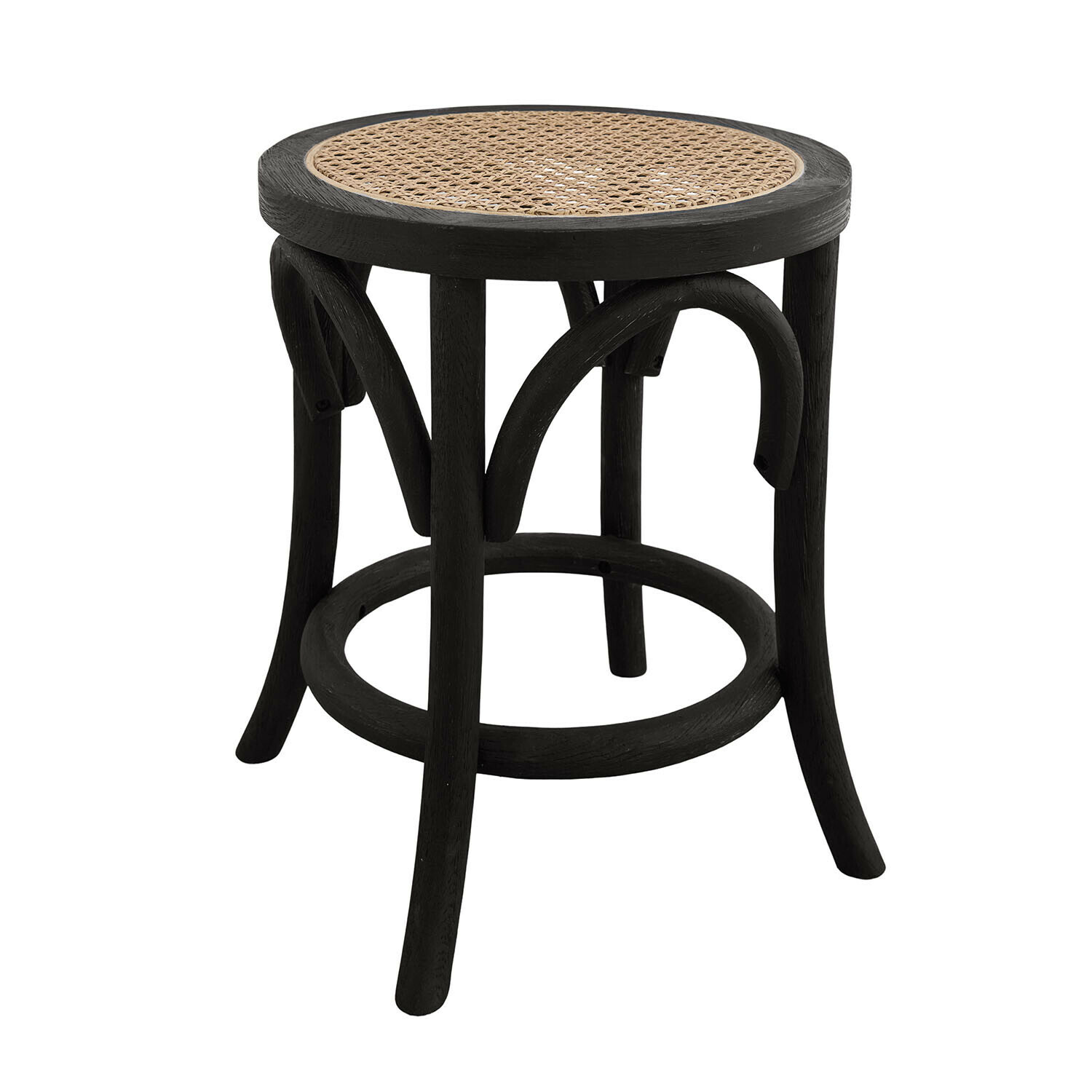 noir/marron Tabouret Kary noir avec assise en rotin marron, meuble en bois pour intérieur et extérieur