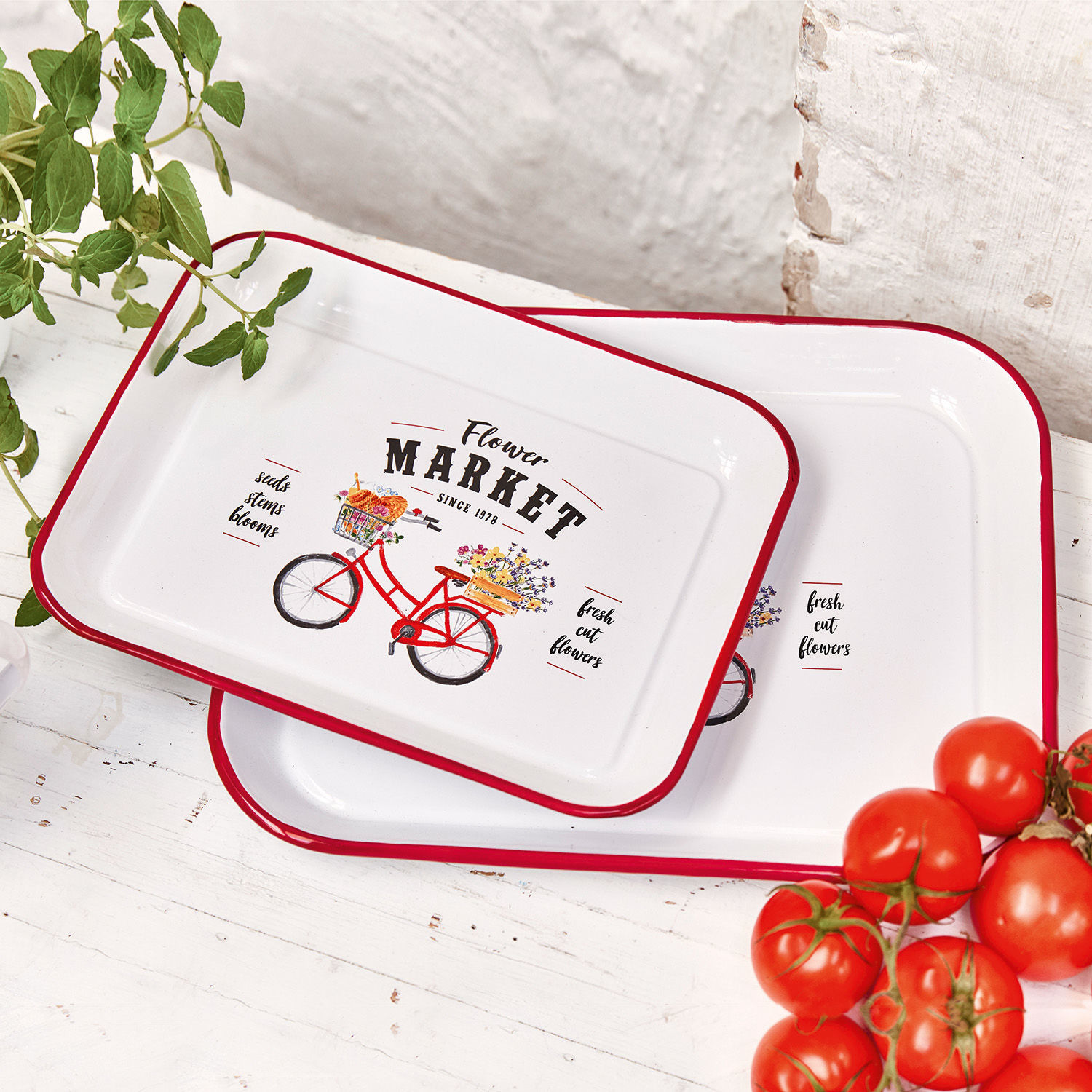 Lot de 2 plateaux Flower Market Plateaux métalliques blancs à bord rouge avec illustration de vélo fleuri, plateaux décoratifs pour cuisine