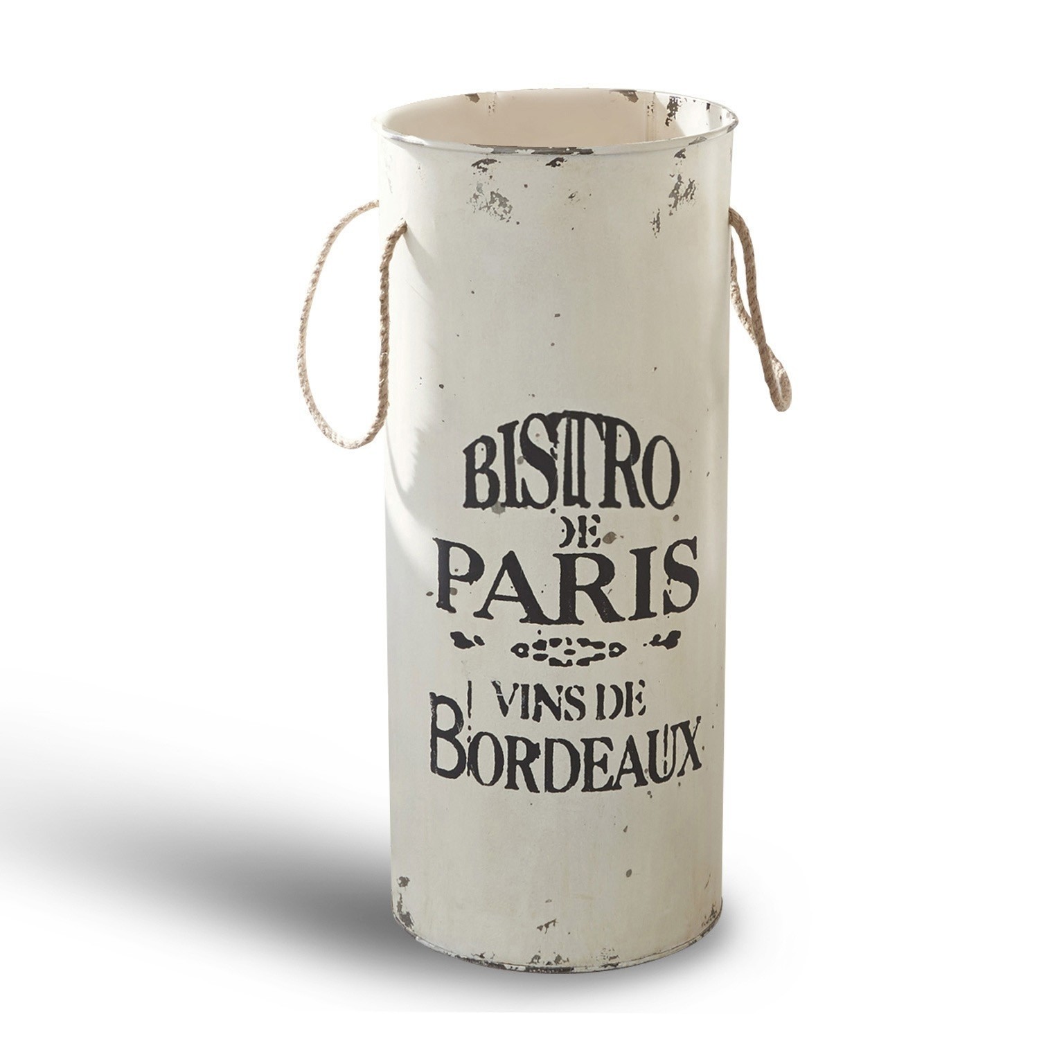 Porte-parapluie Bordeaux Récipient en métal blanc avec inscription Bistro de Paris, poignées en corde, style vintage décoratif