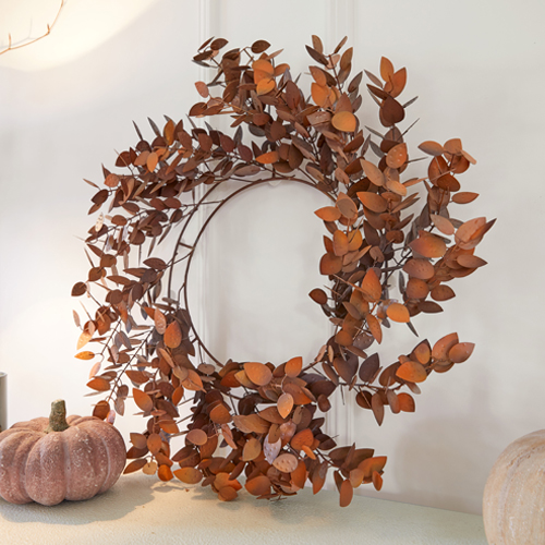 Couronne décorative en métal rouillé avec feuilles, décoration automnale pour intérieur