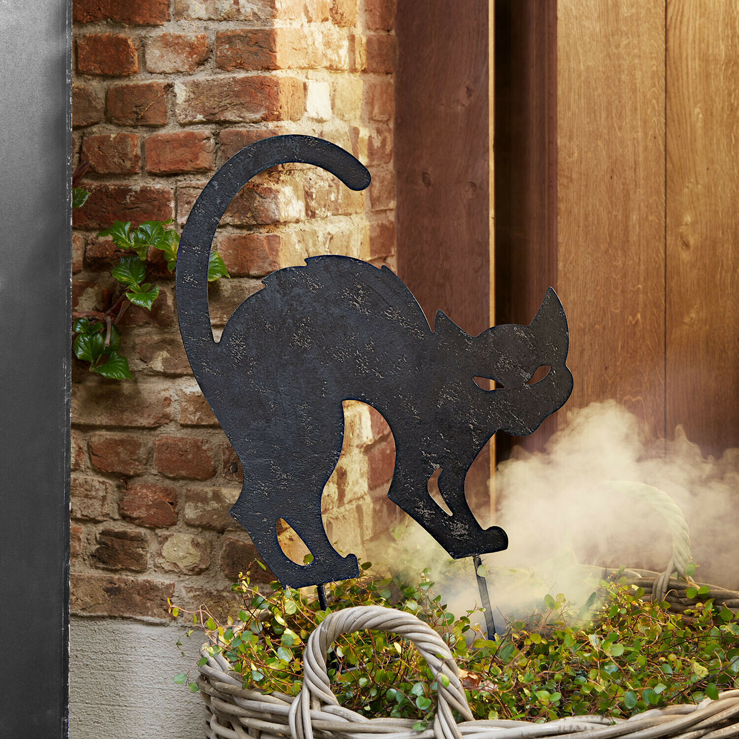 Pique de jardin Rénelise Silhouette de chat en métal noir décorative dans un panier avec plantes vertes devant un mur en briques