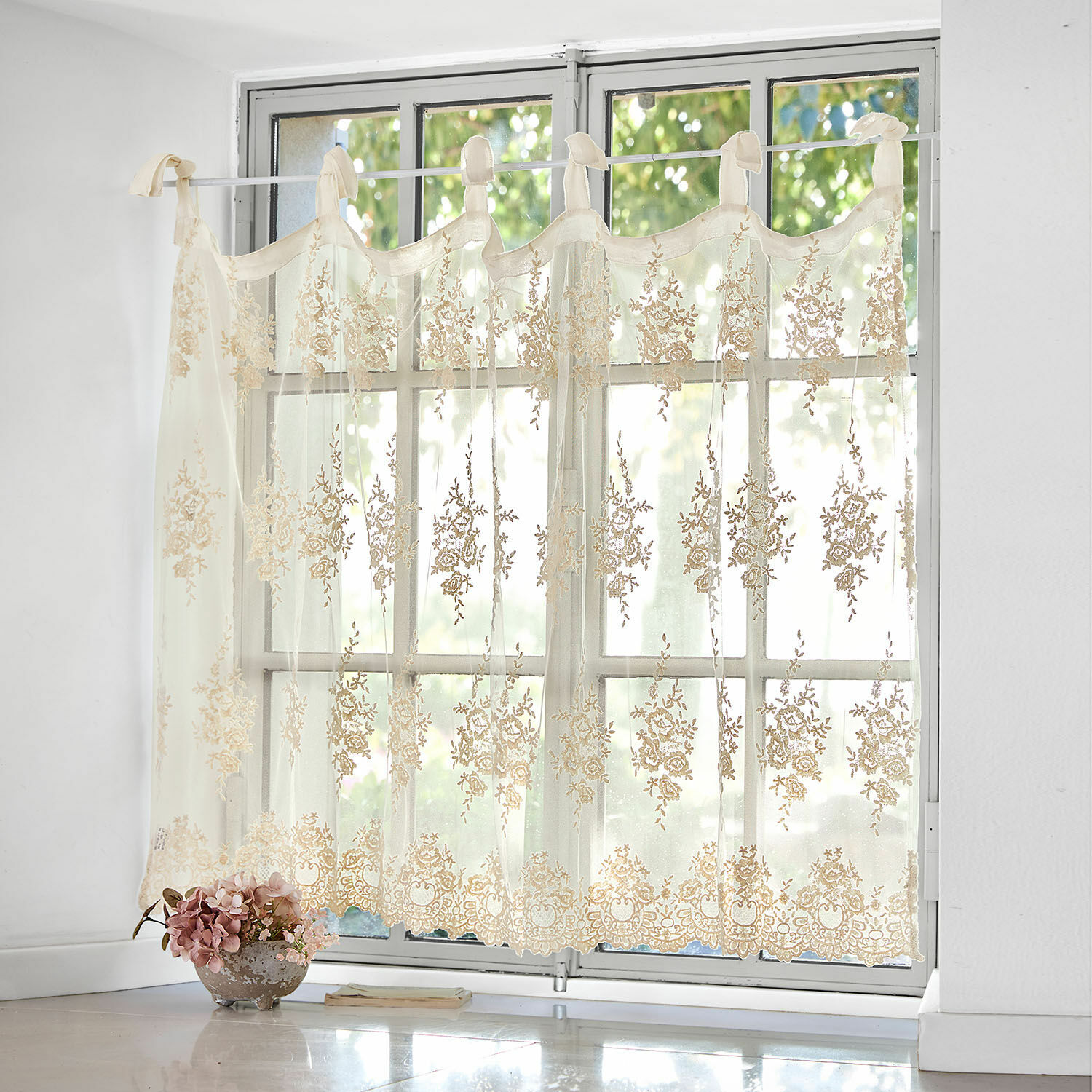 Voilage Velarion Voilage beige brodé de fleurs en tissu léger, décoration de fenêtre élégante pour salon
