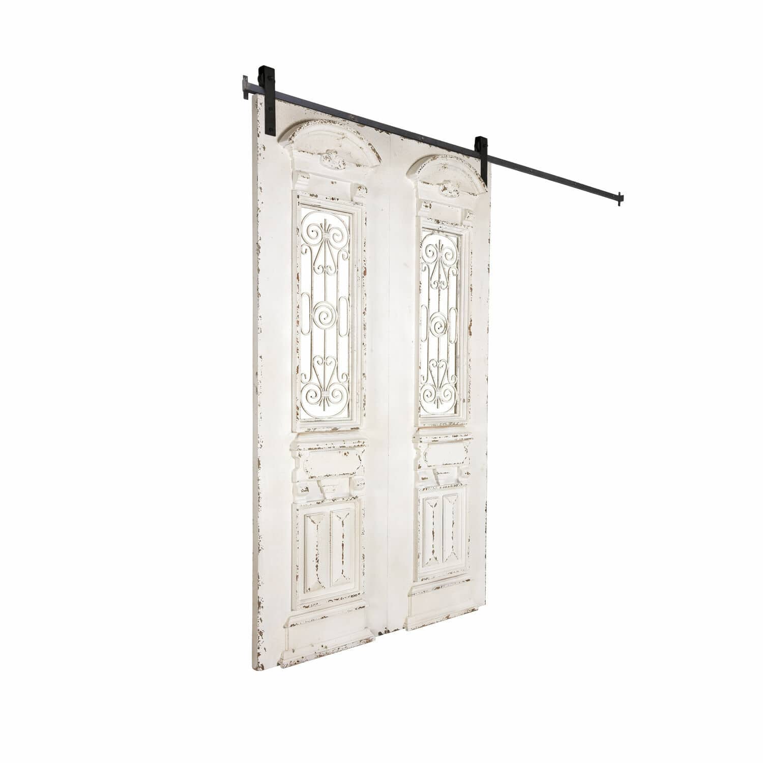 Porte coulissante Maltano Porte coulissante blanche vieillie avec ornements métalliques et rail noir en métal