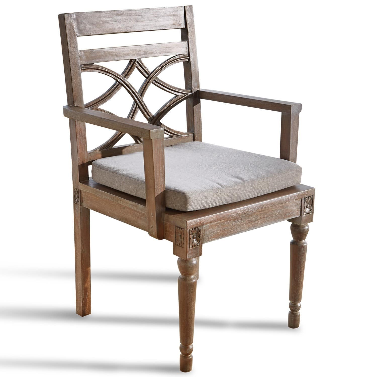 Chaise Chesterfield Chaise en bois avec accoudoirs et coussin gris, dossier décoratif, style classique