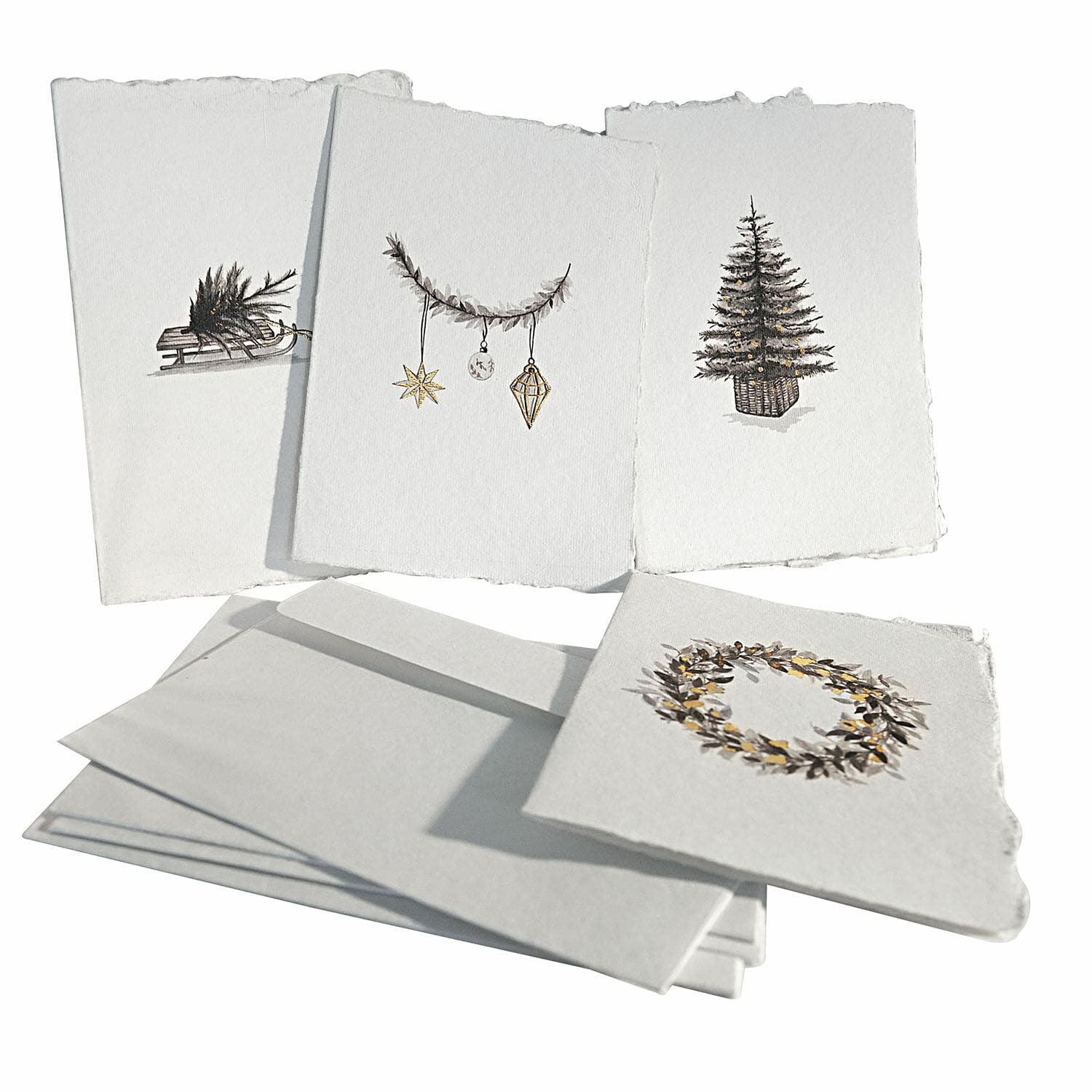 Lot de 4 cartes pour cadeaux Aelindor Ensemble de cartes de vœux avec motifs de sapin, couronne et décorations sur papier blanc à bords déchirés