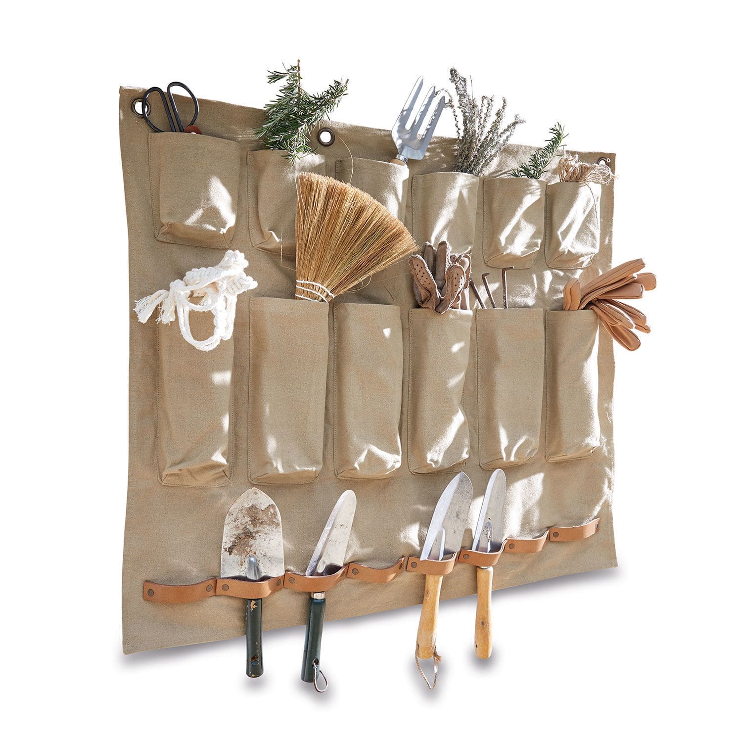 Organiseur mural Garda Organisateur mural beige en tissu avec poches et supports en cuir pour outils de jardinage