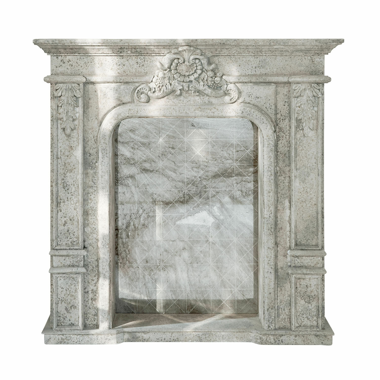 gris Consolle de cheminée grise en pierre avec sculpture décorative, élément classique pour salon