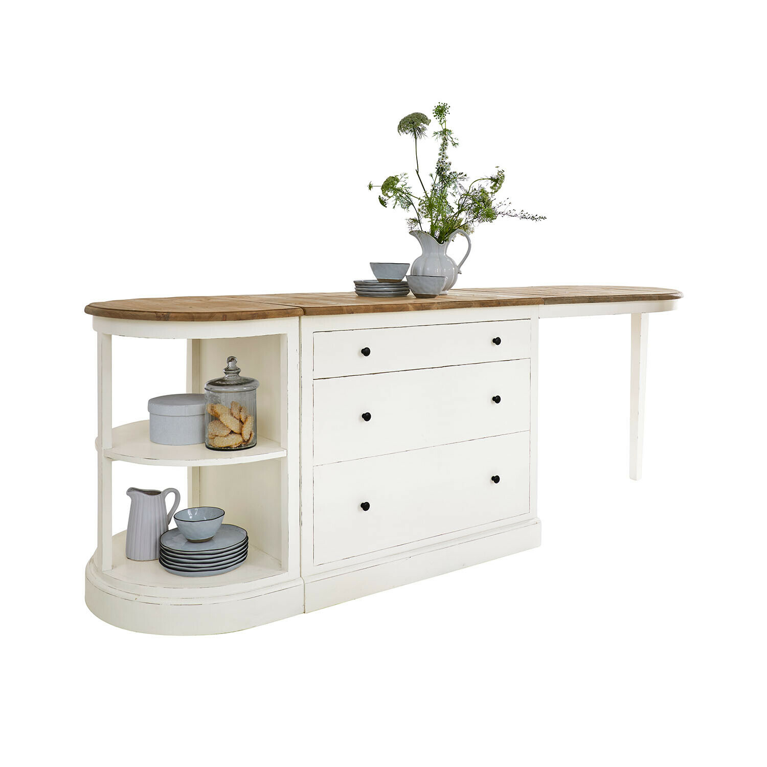 Îlot de cuisine Louisiana Table en bois blanc avec tiroirs et étagères, plateau en bois naturel, décoration florale