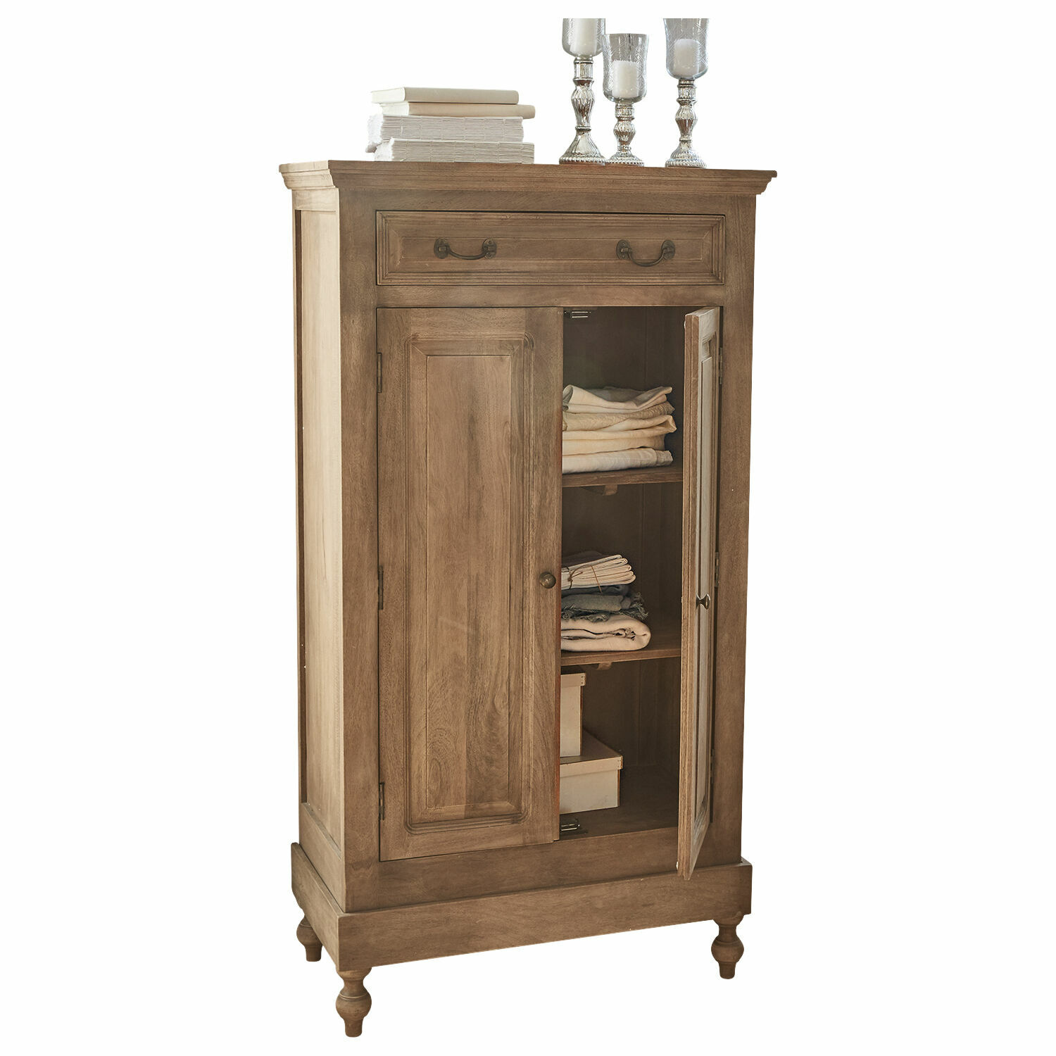 Armoire Bortoni Armoire en bois naturel avec tiroir et portes, rangement de textiles et décorations sur le dessus