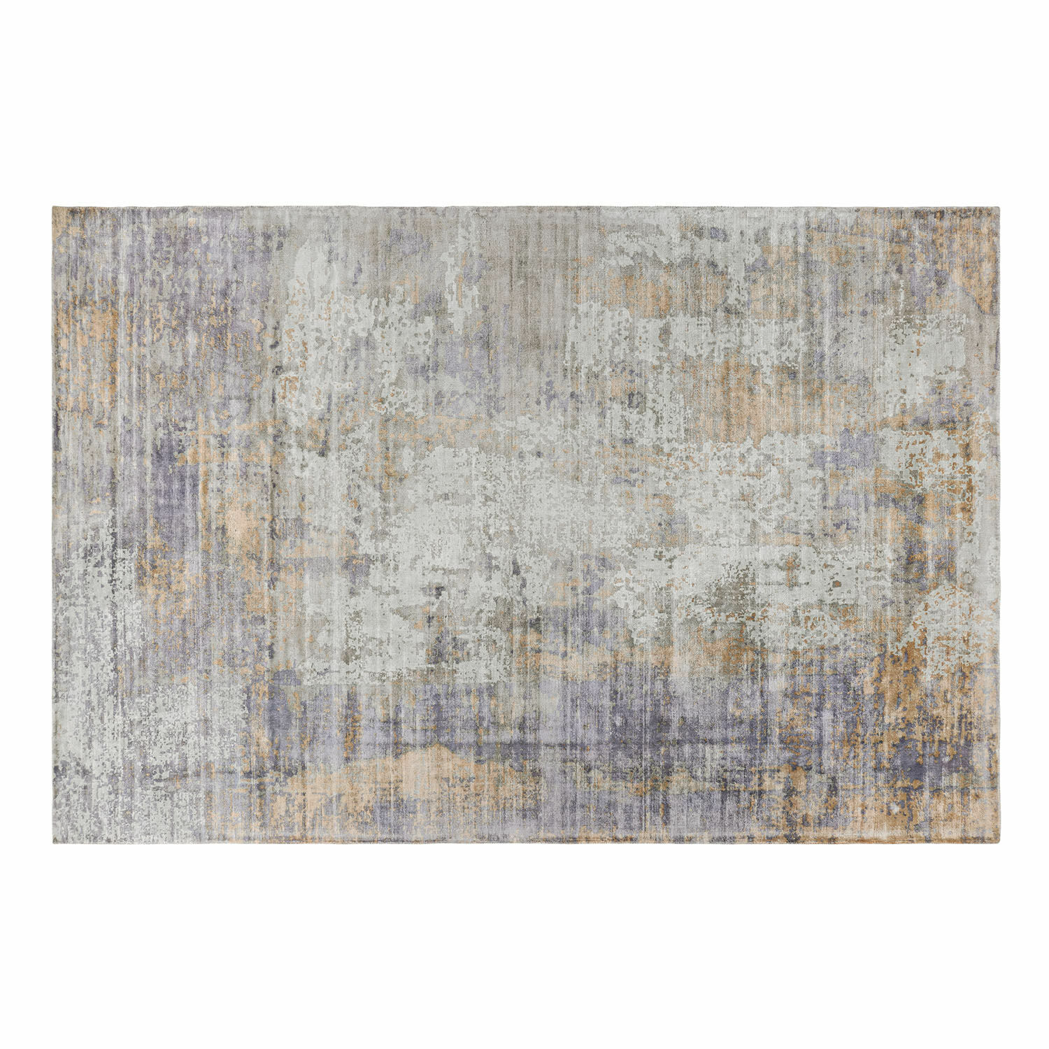 Tapis décoratif aux tons gris, beige et violet avec motif abstrait pour salon moderne