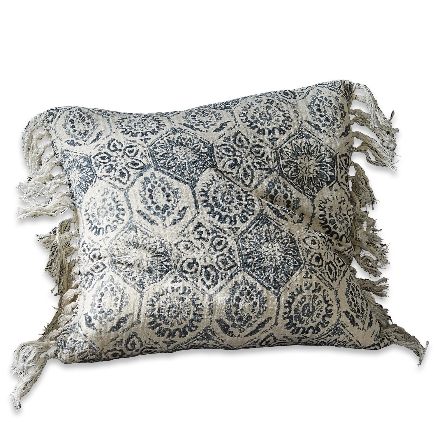 Coussin Beaupuy Housse de coussin décorative en coton crème avec motif bleu marine et franges décoratives