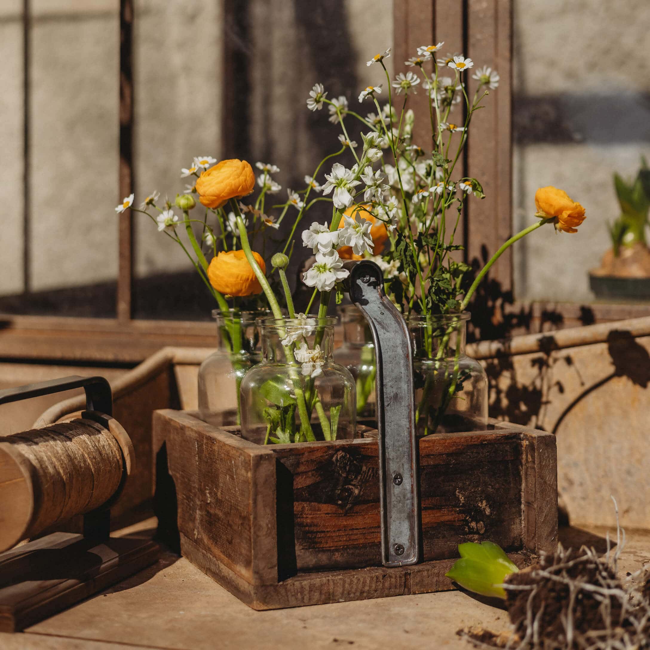 Boîte en bois avec poignée et bocaux en verre contenant des fleurs jaunes et blanches sur une table de jardin
