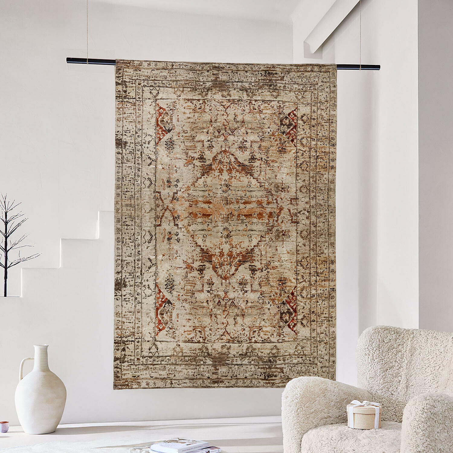 Tapis Selmira Tapis décoratif beige et marron avec motif oriental, parfait pour un salon moderne