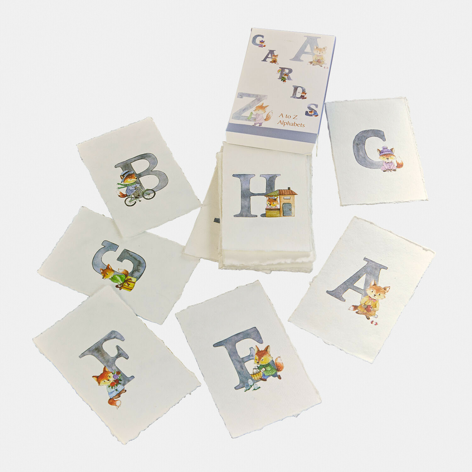 Cartes Garélie Jeu de cartes alphabétiques A à Z avec illustrations de renards sur papier blanc texturé
