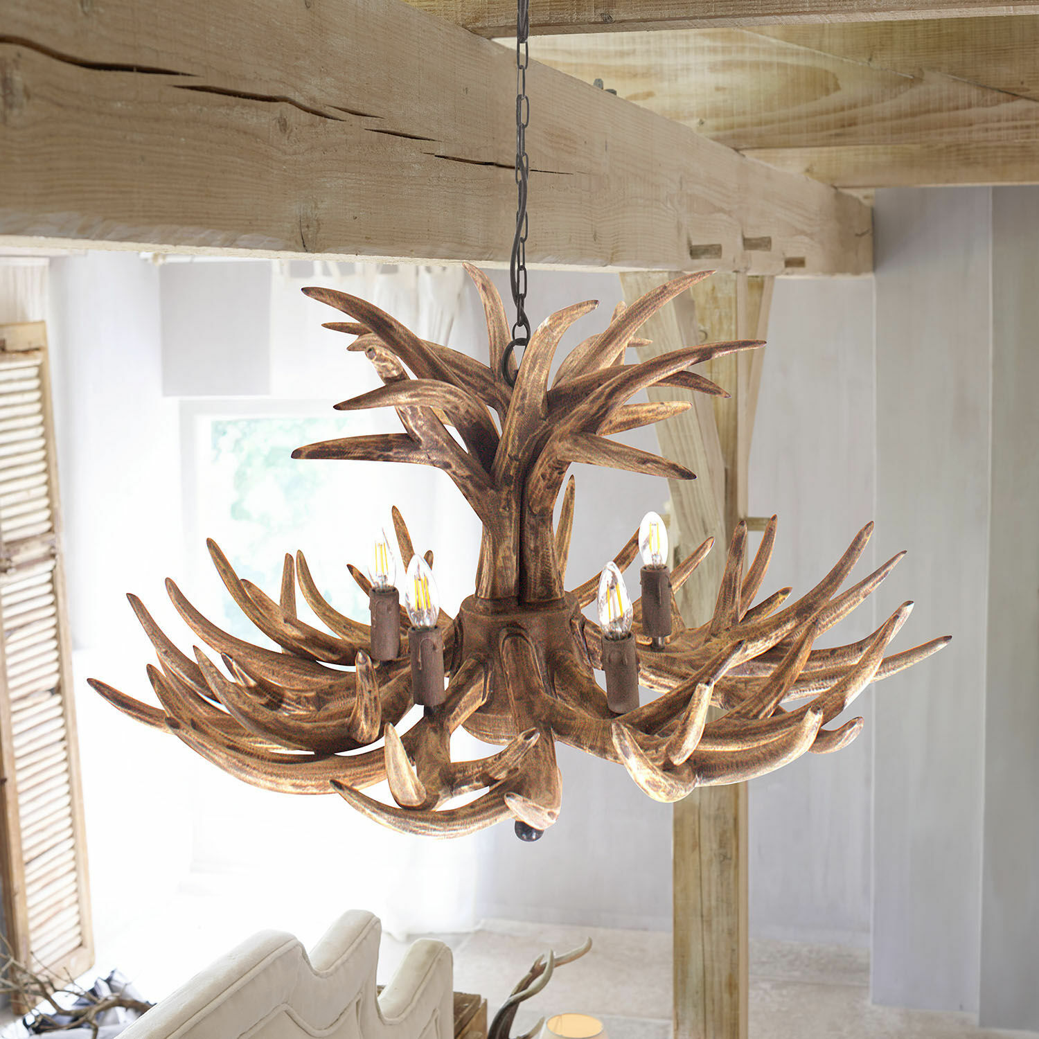 Lustre Ardin Lustre rustique en bois imitation bois de cerf marron, éclairage décoratif pour salon au style naturel