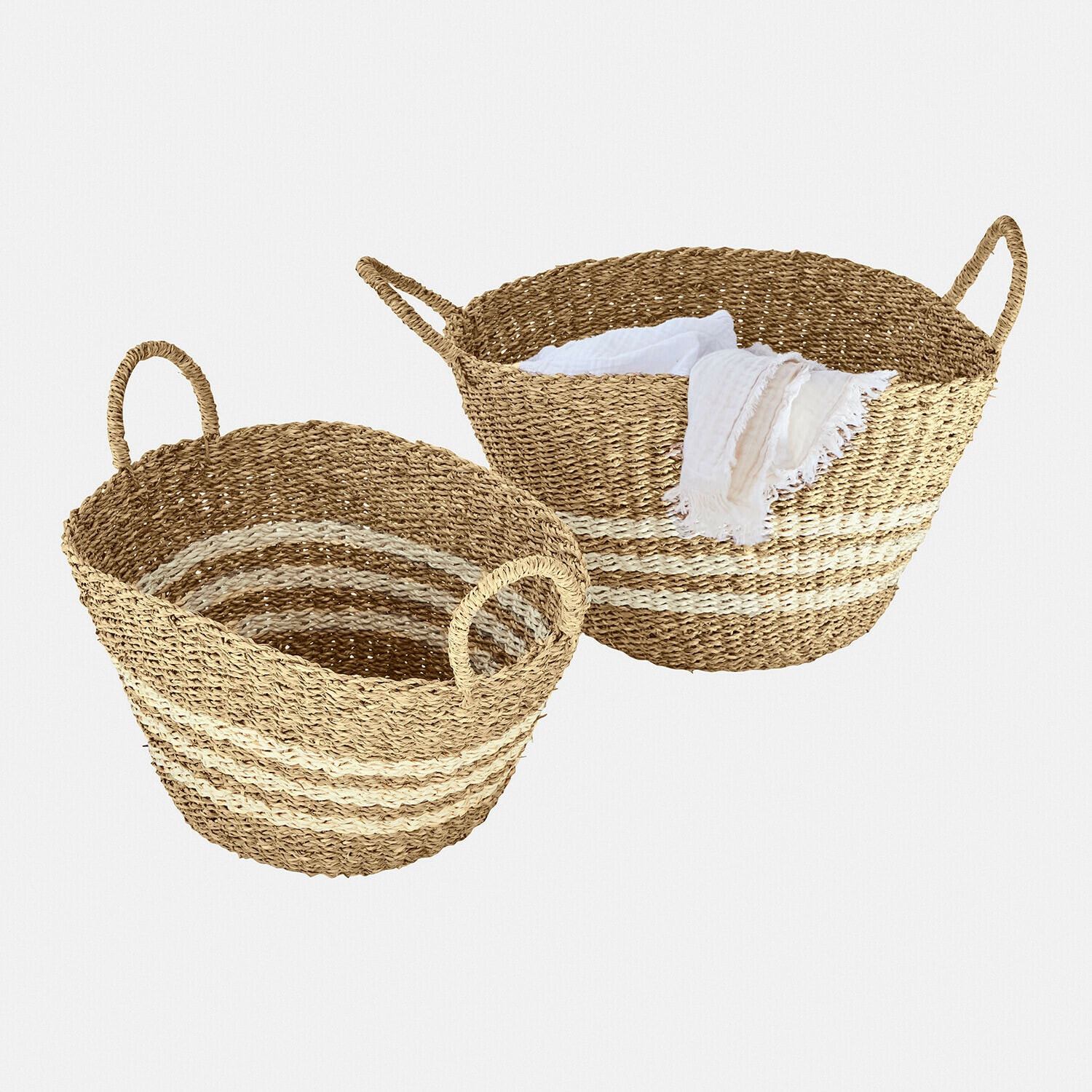 Lot de 2 paniers Farivon Ensemble de deux paniers ronds en herbe marine naturelle avec rayures blanches, pour rangement pratique