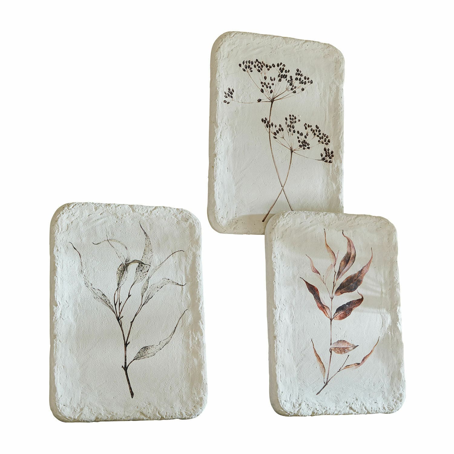 Lot de 3 tableaux Hillsdale Ensemble de trois plateaux en céramique blanche avec motifs de plantes séchées, décoration naturelle