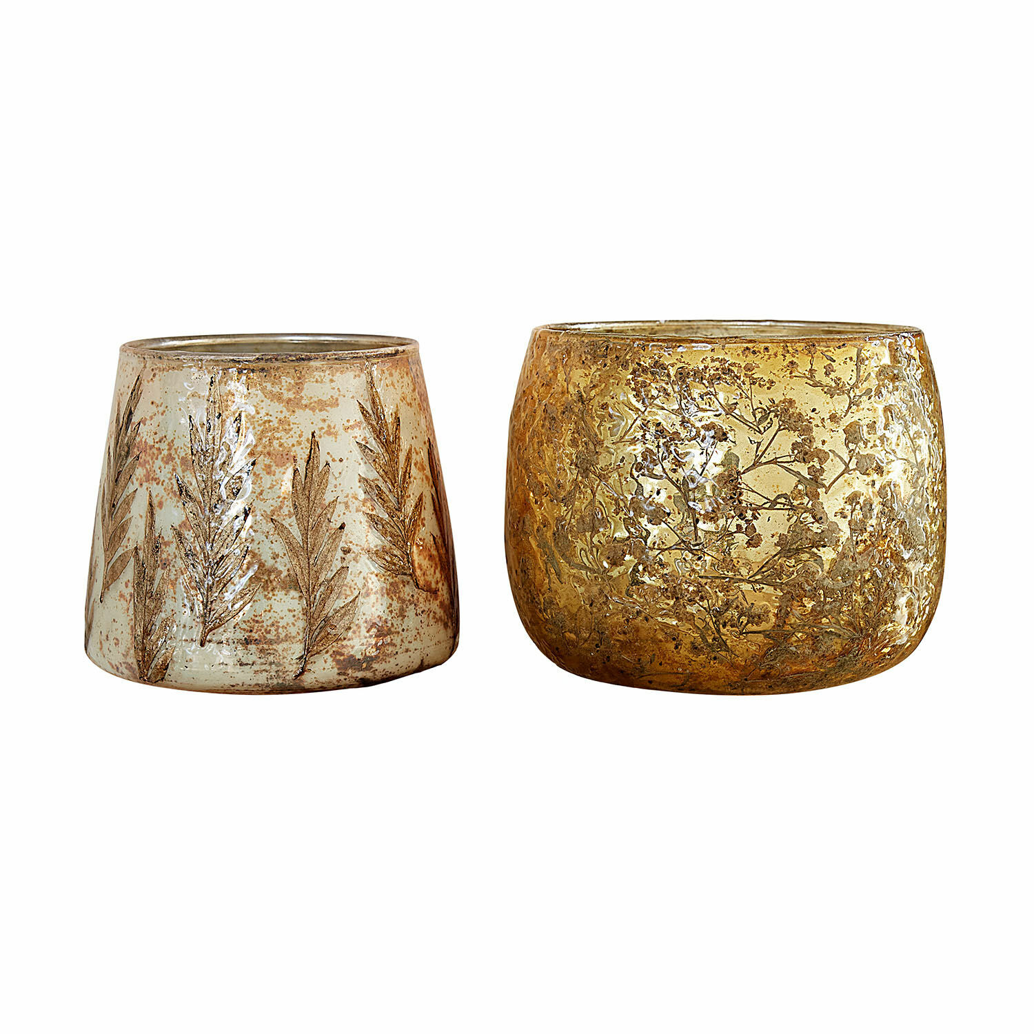 Lot de 2 photophores Hivalen Ensemble de deux photophores en verre avec motifs végétaux en beige et doré, décoration intérieure élégante