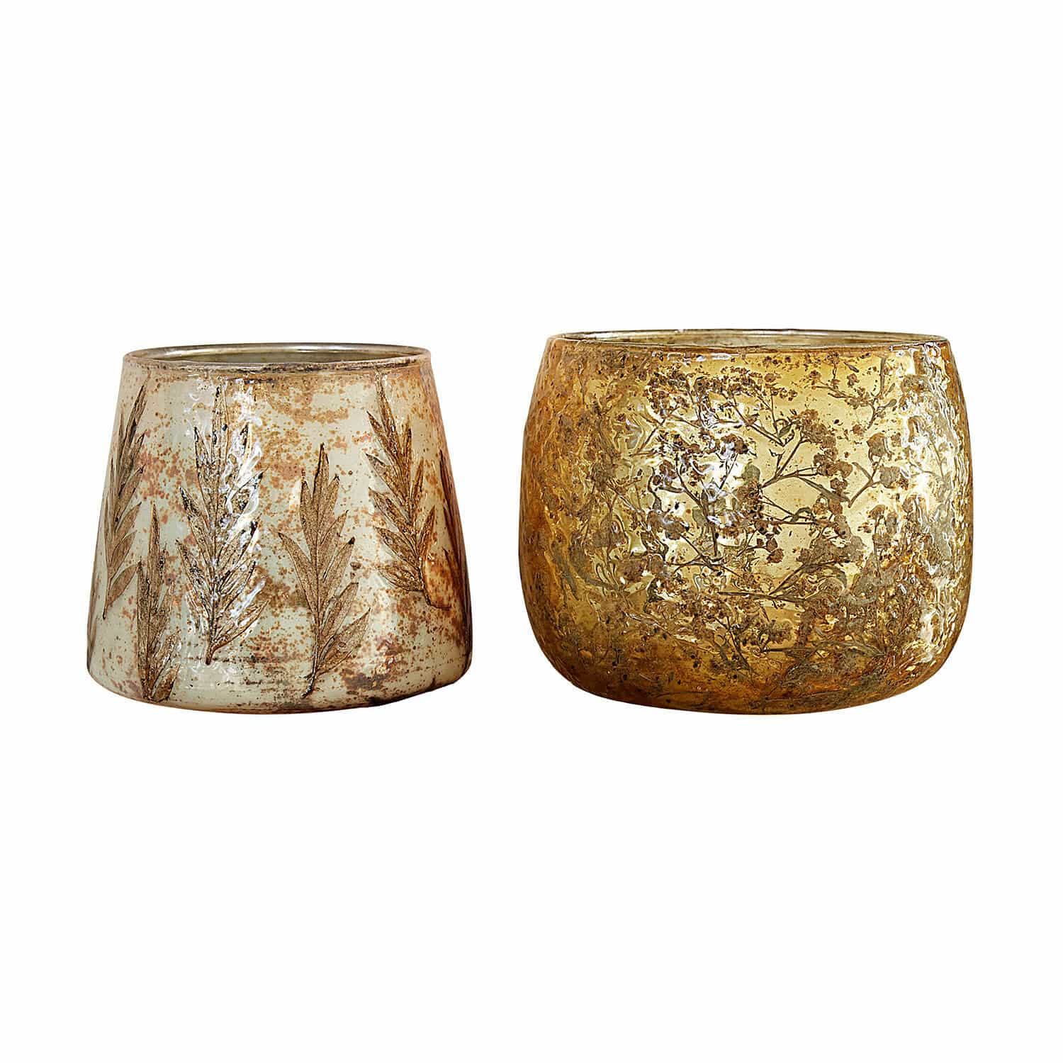 Lot de 2 photophores Hivalen Ensemble de deux photophores en verre avec motifs végétaux en beige et doré, décoration intérieure élégante