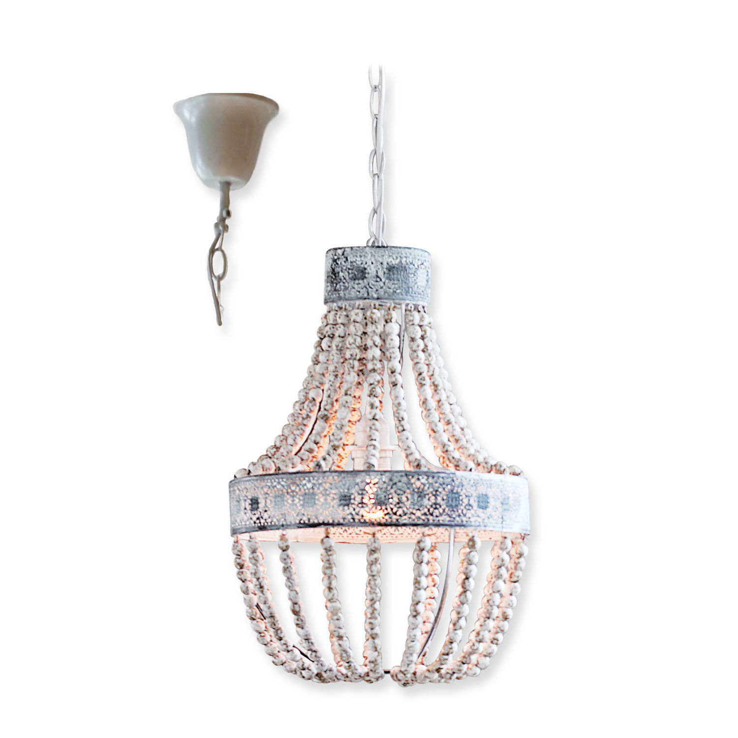 Suspension Valcourt Suspension en perles de bois blanches avec éléments métalliques au style vintage pour décoration intérieure