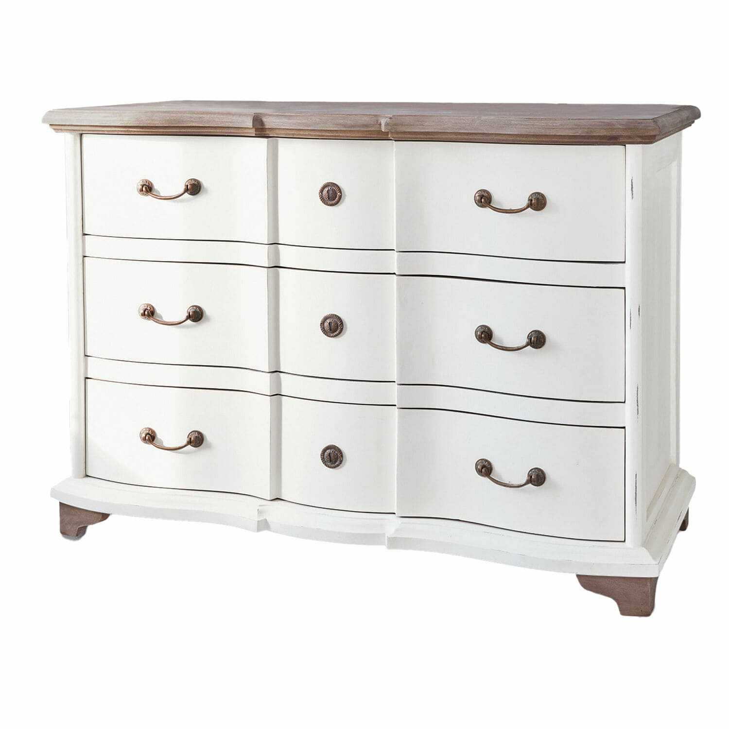 Commode Aiguillon Commode en bois blanc avec plateau marron et poignées métalliques, meuble de rangement pour salon